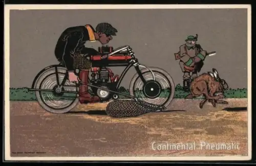AK Reklame Motorrad Continental-Pneumatic, Motorradfahrer sticht Jäger aus