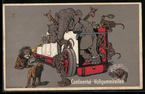 AK Lastkraftwagen transportiert einen Elefanten und weitere Wildtiere, Reklame für Continental-Vollgummireifen