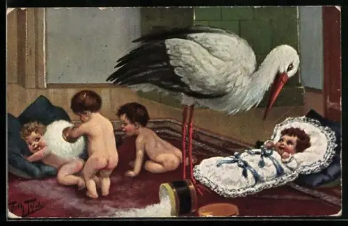 Künstler-AK Arthur Thiele: Storch betrachtet ein Baby, spielende Kleinkinder