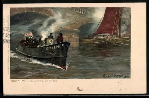 Künstler-AK Zeno Diemer: Hamburg, Schlepper O. Zieher im Fleet