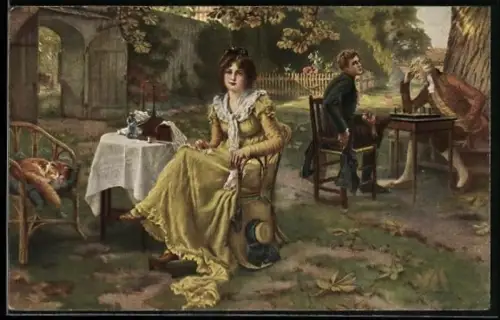 Künstler-AK In Gedanken, Herren spielen Schach im Garten