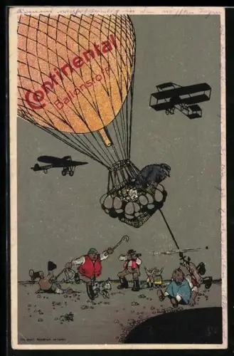 AK Continental Ballonstoff, Unglück mit Heissluftballonanker, Humor, Reklame