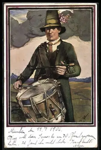 Künstler-AK München, Deutsches Bundesschiessen 1906, Trommler mit hohem Hut