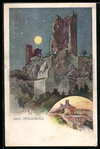 Künstler-AK Rhein, Burg Drachenfels, Berggesichter