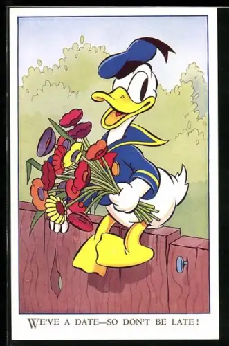AK Donald Duck mit Blumenstrauss auf Zaun sitzend
