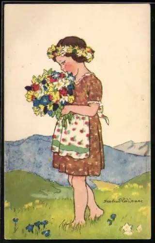 Künstler-AK Gertrud Caspari: Mädchen mit Wiesenblumenstrauss