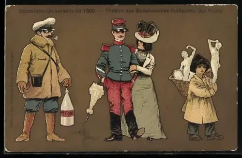 Künstler-AK sign.: Guillaume, Exposition Universelle de 1900, Theatre des Bonshommes Guillaume, Knabe verkauft Plastiken