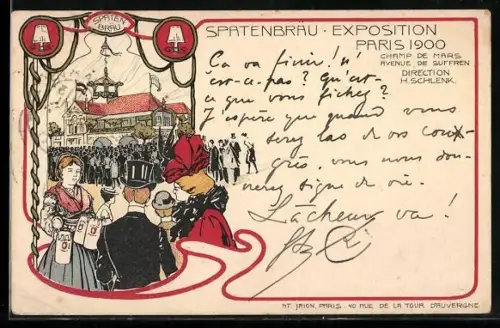 AK Paris, Exposition universelle de 1900, Direction H. Schlenk, Menschenmenge und Schankmaid mit Bierhumpen