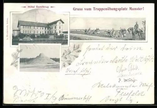 AK Munster, Truppenübungsplatz, Hotel Sandkrug, Soldaten mit Kanonen im Feld