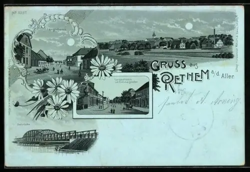 Mondschein-Lithographie Rethem a. d. Aller, Totalansicht, Partie an der Langestrasse und Seebrücke