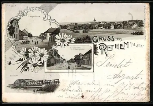Lithographie Rethem a / d. Aller, Teilansicht, Langestrasse v. d. Post aus gesehen, Seebrücke