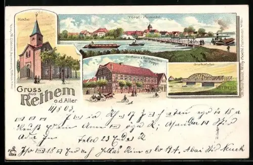 Lithographie Rethem a. d. Aller, Kirche, Totalansicht, Gasthaus z. Rathskeller von W. Poppe