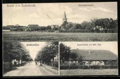 AK Suderbruch, Gesamtansicht, Partie an der Lindenallee und Gasthaus von Wilh. Vaje