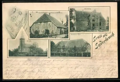 AK Suderbruch, Geschäftshaus von Heinrich Gömann, Pfarrhaus, Kirche und Gasthaus Vaje