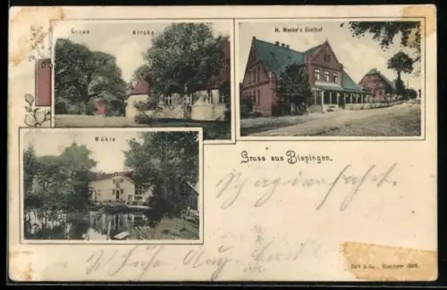 AK Bispingen, H. Menke`s Gasthof, Kirche und Mühle