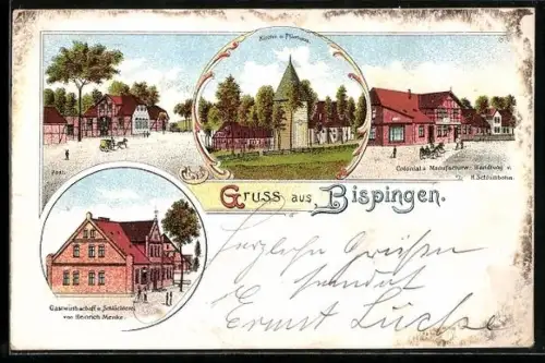 Lithographie Bispingen, Kirche und Pfarrhaus, Gasthaus von Heinrich Menke und Colonialwarenhandlung von H. Schlumbohm