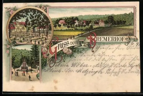 Lithographie Bremerhof bei Kaiserslautern, Totalansicht, Gasthof und Springbrunnen