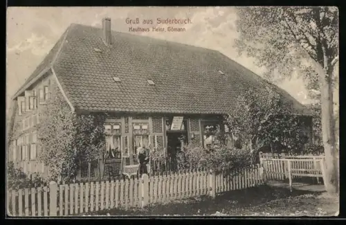 AK Suderbruch, Kaufhaus von Heinr. Gömann mit Gartenanlagen