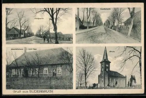 AK Suderbruch, Dorfpartie, Kirche und Geschäftshaus von Adolf Vaje