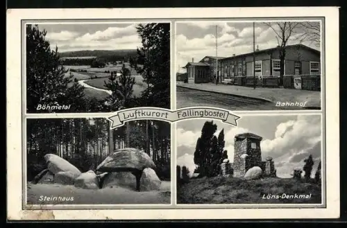 AK Fallingbostel, Blick aufs Böhmetal, Bahnhof, Steinhaus und Löns-Denkmal