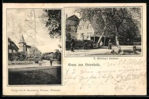 AK Ostenholz, Gasthaus von R. Wünning und Ortspartie mit Kirche