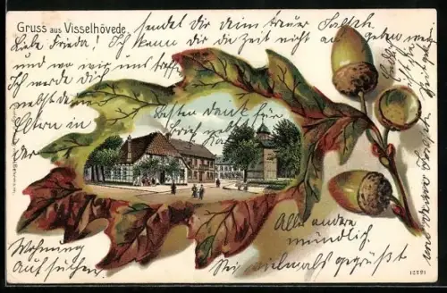 Passepartout-Lithographie Visselhövede, Strassenpartie mit Hotel, Eichenblatt-Passepartout