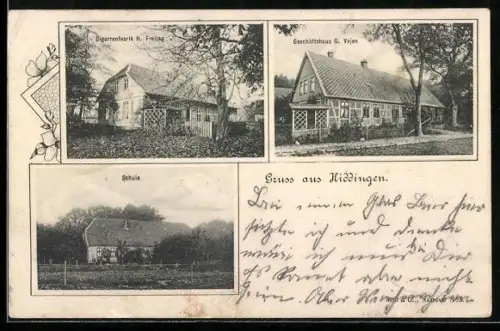 AK Visselhövede-Hiddingen, Cigarrenfabrik H. Freitag, Geschäftshaus G. Vajen, Schule