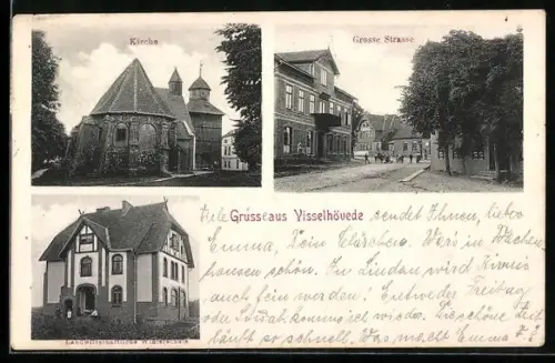 AK Visselhövede, Strassenpartie Grosse Strasse, Landwirtschaftliche Winterschule und Kirche