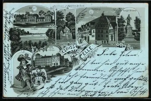 Mondschein-Lithographie Celle, Bahnhof, Schloss, Aller, Rathhaus und Krieger-Denkmal