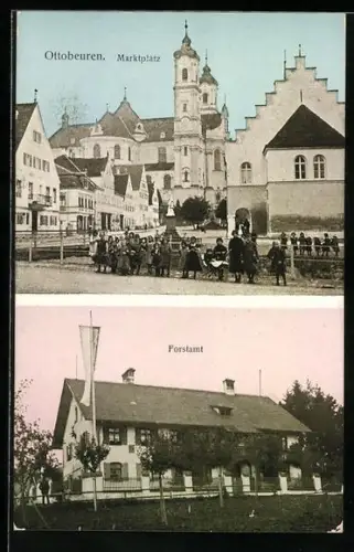 AK Ottobeuren, Marktplatz mit Denkmal, Forsthaus