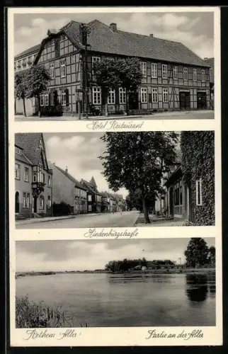AK Rethem /Aller, Hotel Restaurant Ratskeller, Bes. Friedrich Poppe, Hindenburgstrasse, Partie an der Aller