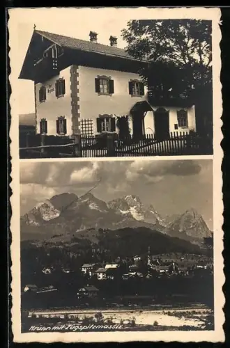 Foto-AK Krün /Zugspitze, Hotel Haus Bergheim, Blick zum Zugspitzmassiv