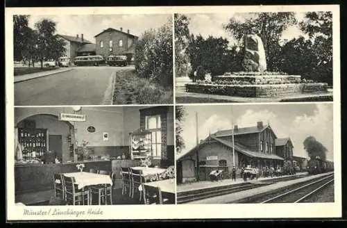 AK Munster /Lüneburger Heide, Bahnhofs-Restaurant, Inh. Kurt Schuster, Partie am Bahnhof