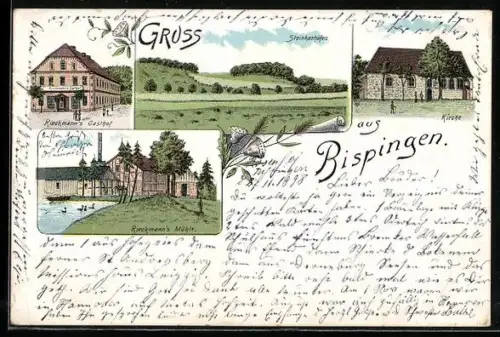 Lithographie Bispingen, Riekmann`s Gasthof, Kirche, Rieckmann`s Müle, Steinkenhöfen