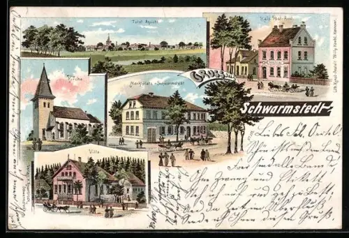 Lithographie Schwarmstedt, Kirche, Villa, Marktplatz