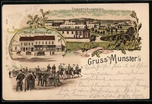 Lithographie Munster i. H., Hotel Haidekrug, Manöver, Truppenübungsplatz