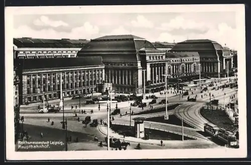 AK Leipzig, Hauptbahnhof aus der Vogelschau, Strassenbahn