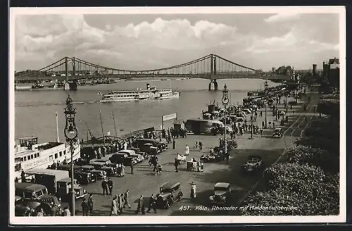 AK Köln, Rheinufer, Hindenburgbrücke, Schiffsverkehr
