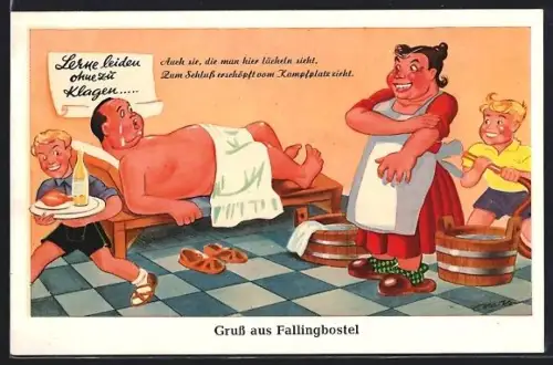 AK Fallingbostel, Humoristische Badehausszene mit Spruch