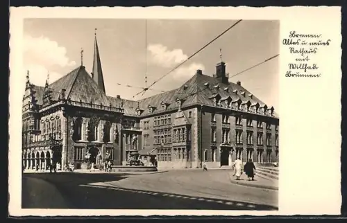AK Bremen, Altes und neues Rathaus mit Brunnen
