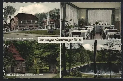 AK Bispingen /Lüneburger Heide, Schwabes Gast- u. Pensionshaus, Klubzimmer, Schwimmbad, Kirche