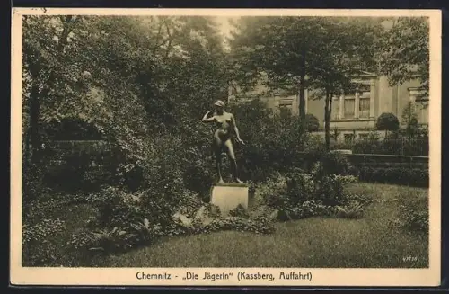 AK Chemnitz, Die Jägerin, Figur im Garten