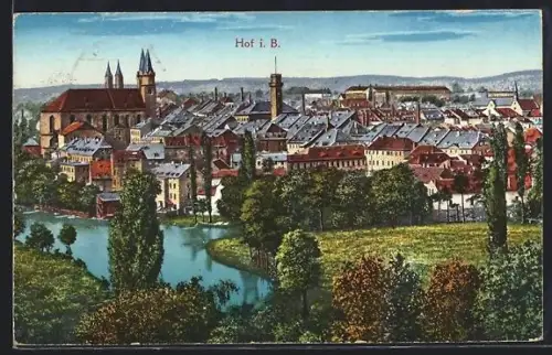 AK Hof i. B., Ortsansicht mit Kirche