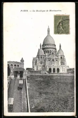 AK Paris, Sacré-Coeur de Montmartre, Totale mit Bergbahn