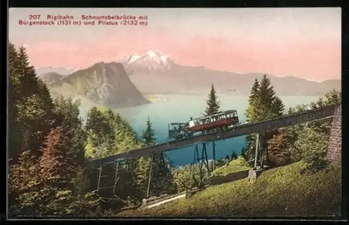 AK Rigi-Bergbahn mit Schnurtobelbrücke, Bürgenstock und Pilatus