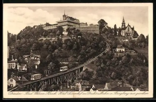 AK Dresden-Weisser Hirsch, Hotel Luisenkopf mit Drahtseilbahn vom Burgberg aus gesehen, Bergbahn