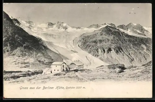 AK Berliner Hütte, Berghütte mit Bergspitzen-Panorama