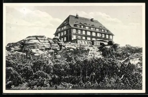 AK Reifträgerbaude /Riesengebirge, Berghütte, Panorama