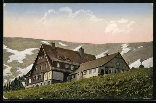 AK Alte Schlesische Baude /Riesengebirge, Berghütte, Panorama