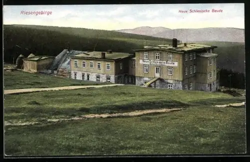 AK Neue Schlesische Baude /Riesengebirge, Berghütte mit Umgebung